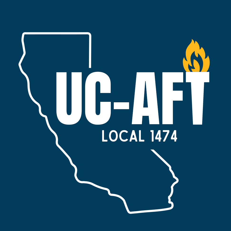 A map of California with UC-AFT Local 1474 on it. It is white text and art on a dark blue background.